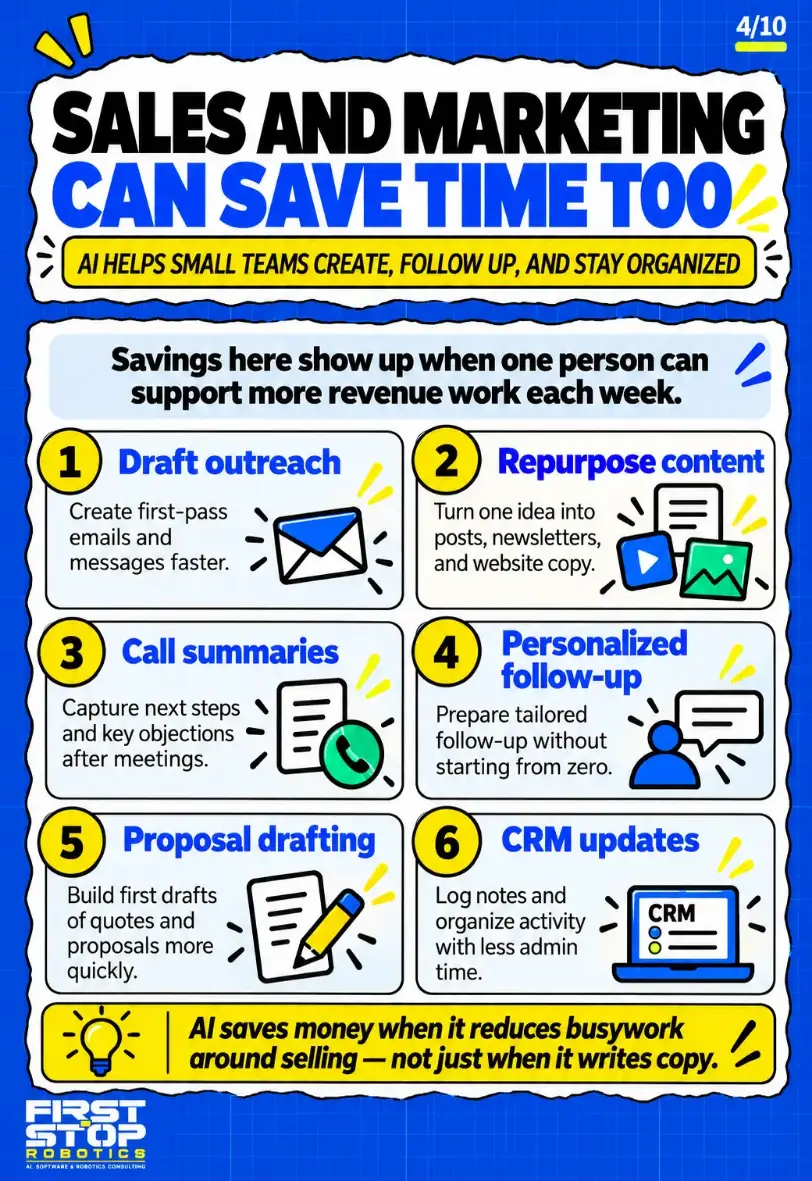 Sales and marketing can save time too
AI helps small teams create, follow up, and stay organized
Savings here show up when one person can support more revenue work each week.
Draft outreach: Create first-pass emails and messages faster.
Repurpose content: Turn one idea into posts, newsletters, and website copy.
Call summaries: Capture next steps and key objections after meetings.
Personalized follow-up: Prepare tailored follow-up without starting from zero.
Proposal drafting: Build first drafts of quotes and proposals more quickly.
CRM updates: Log notes and organize activity with less admin time.
AI saves money when it reduces busywork around selling, not just when it writes copy.