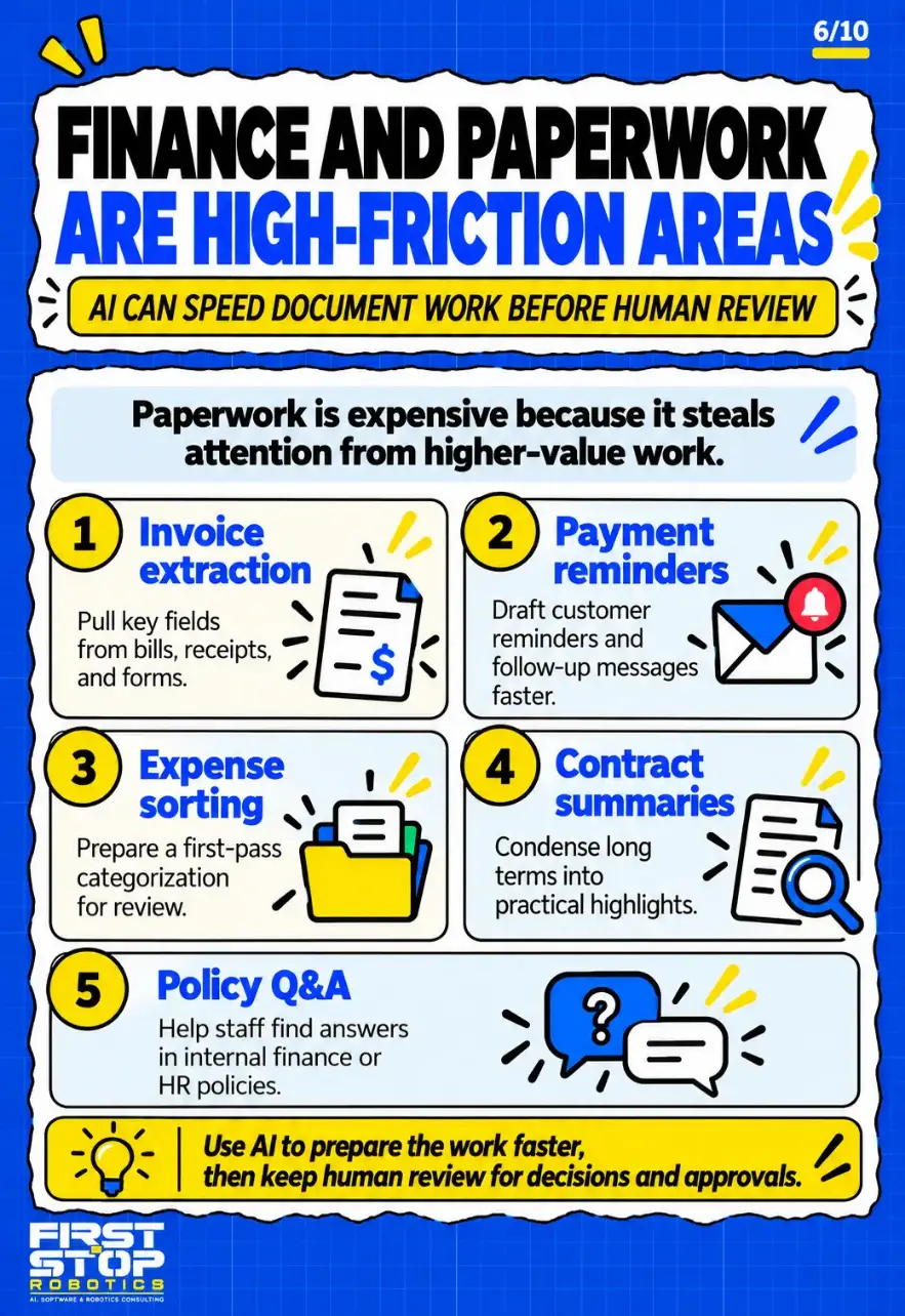 Finance and paperwork are high-friction areas
AI can speed document work before human review
Paperwork is expensive because it steals attention from higher-value work.
Invoice extraction: Pull key fields from bills, receipts, and forms.
Payment reminders: Draft customer reminders and follow-up messages faster.
Expense sorting: Prepare a first-pass categorization for review.
Contract summaries: Condense long terms into practical highlights.
Policy Q&A: Help staff find answers in internal finance or HR policies.
Use AI to prepare the work faster, then keep human review for decisions and approvals.