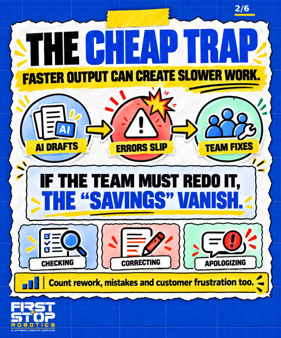 The cheap trap
Faster output can create slower work.
AI drafts
Errors slip
Team fixes
If the team must redo it, the "savings" vanish.
Checking
Correcting
Apologizing
Count rework, mistakes and customer frustration too.