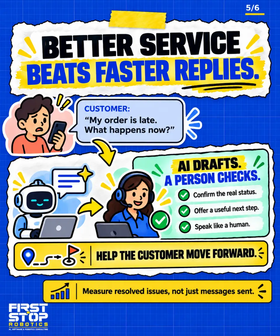 Better service beats faster replies.
Customer: "My order is late. What happens now?"
AI drafts. A person checks.
Confirm the real status.
Offer a useful next step.
Speak like a human.
Help the customer move forward.
Measure resolved issues, not just messages sent.