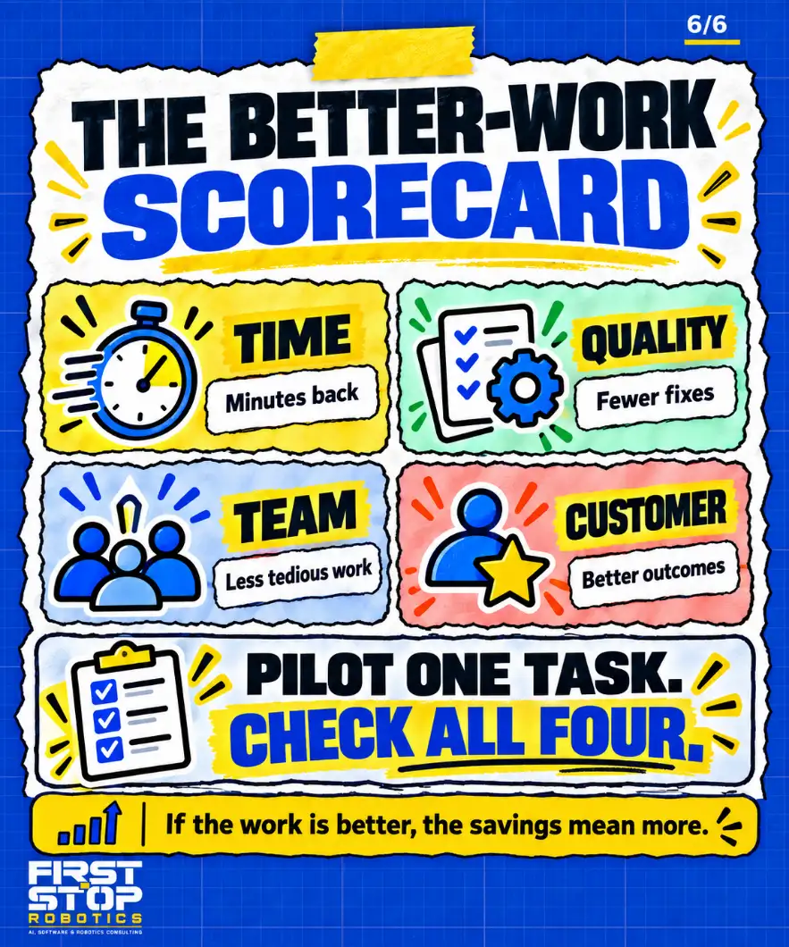 The better-work scorecard
Time: Minutes back
Quality: Fewer fixes
Team: Less tedious work
Customer: Better outcomes
Pilot one task. Check all four.
If the work is better, the savings mean more.