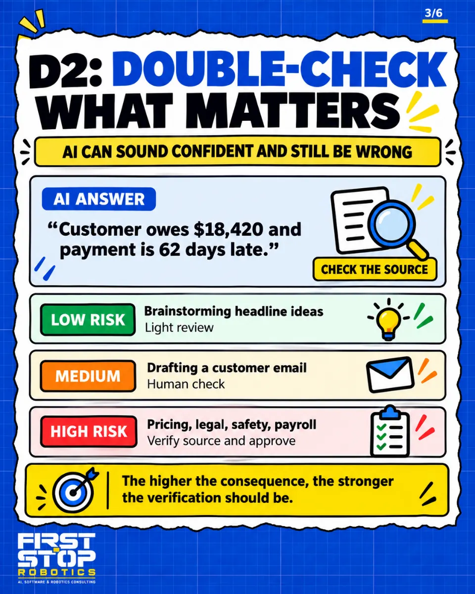 D2: Double-check what matters
AI can sound confident and still be wrong
AI answer
"Customer owes $18,420 and payment is 62 days late."
Check the source
Low risk: Brainstorming headline ideas. Light review.
Medium: Drafting a customer email. Human check.
High risk: Pricing, legal, safety, payroll. Verify source and approve.
The higher the consequence, the stronger the verification should be.