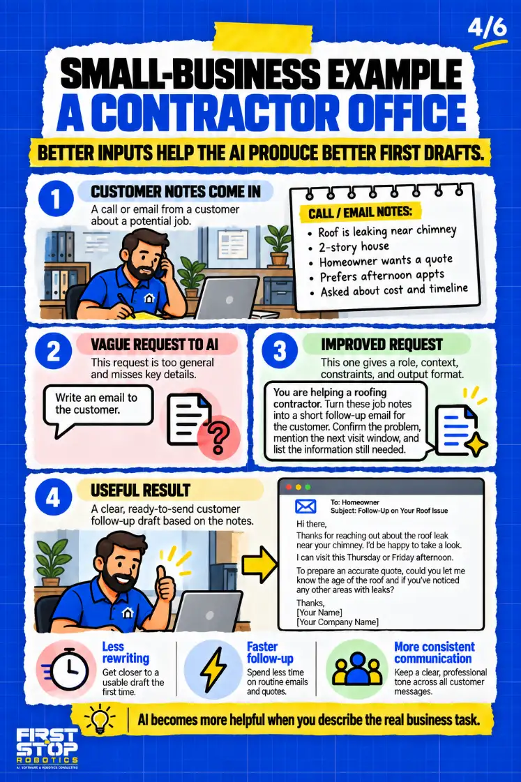 Small-business example
A contractor office
Better inputs help the AI produce better first drafts.
Customer notes come in: A call or email from a customer about a potential job.
Call / email notes:
Roof is leaking near chimney
2-story house
Homeowner wants a quote
Prefers afternoon appts
Asked about cost and timeline
Vague request to AI: This request is too general and misses key details.
Write an email to the customer.
Improved request: This one gives a role, context, constraints, and output format.
You are helping a roofing contractor. Turn these job notes into a short follow-up email for the customer. Confirm the problem, mention the next visit window, and list the information still needed.
Useful result: A clear, ready-to-send customer follow-up draft based on the notes.
To: Homeowner
Subject: Follow-Up on Your Roof Issue
Hi there,
Thanks for reaching out about the roof leak near your chimney. I'd be happy to take a look.
I can visit this Thursday or Friday afternoon.
To prepare an accurate quote, could you let me know the age of the roof and if you've noticed any other areas with leaks?
Thanks,
[Your Name]
[Your Company Name]
Less rewriting: Get closer to a usable draft the first time.
Faster follow-up: Spend less time on routine emails and quotes.
More consistent communication: Keep a clear, professional tone across all customer messages.
AI becomes more helpful when you describe the real business task.