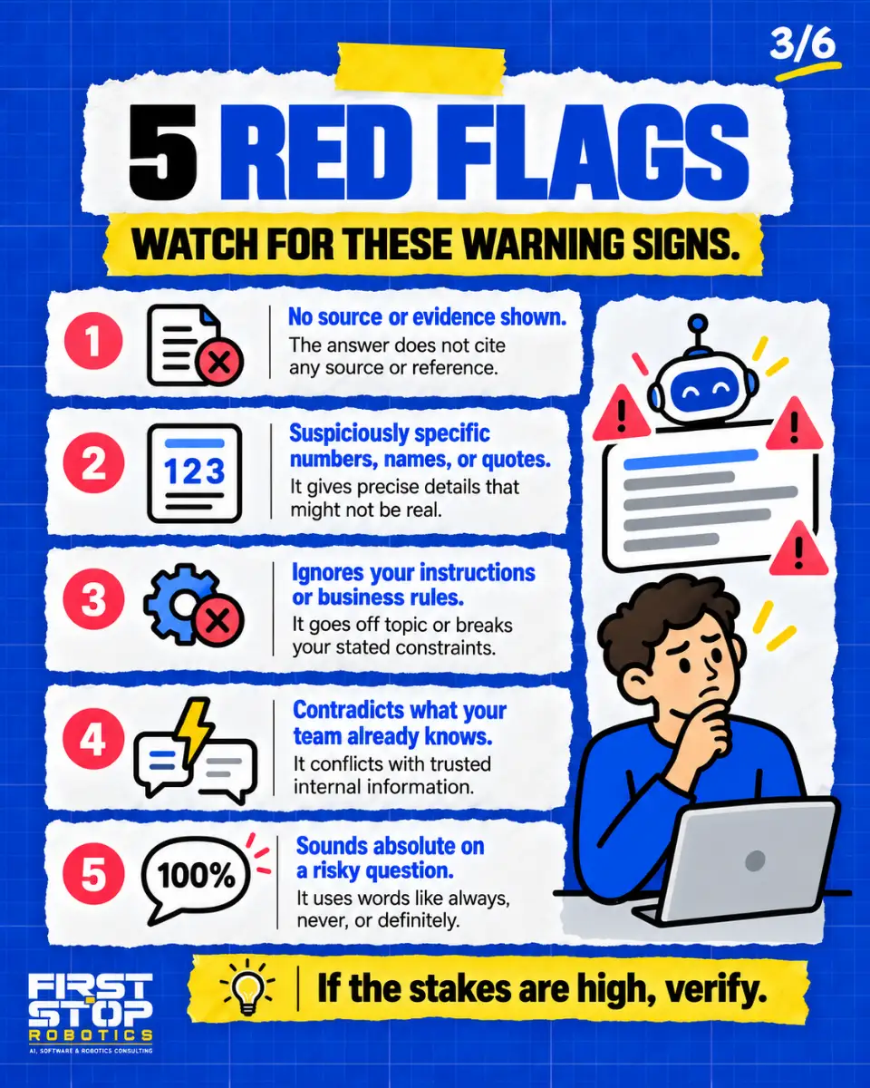 5 red flags
Watch for these warning signs.
No source or evidence shown: The answer does not cite any source or reference.
Suspiciously specific numbers, names, or quotes: It gives precise details that might not be real.
Ignores your instructions or business rules: It goes off topic or breaks your stated constraints.
Contradicts what your team already knows: It conflicts with trusted internal information.
Sounds absolute on a risky question: It uses words like always, never, or definitely.
If the stakes are high, verify.