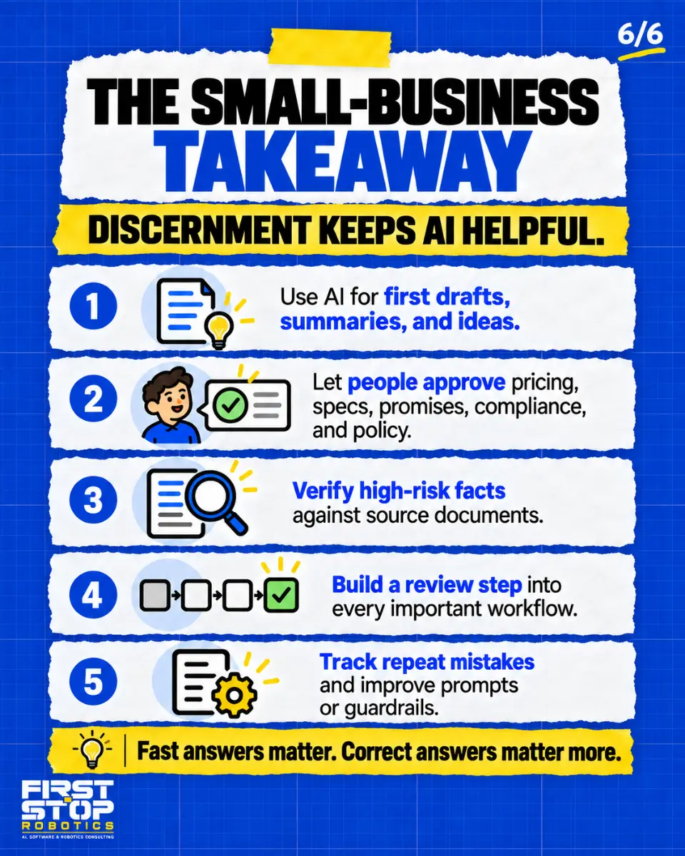 The small-business takeaway
Discernment keeps AI helpful.
Use AI for first drafts, summaries, and ideas.
Let people approve pricing, specs, promises, compliance, and policy.
Verify high-risk facts against source documents.
Build a review step into every important workflow.
Track repeat mistakes and improve prompts or guardrails.
Fast answers matter. Correct answers matter more.