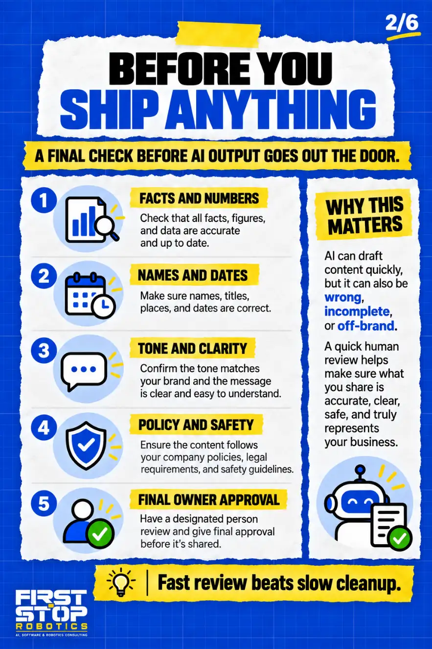 Before you ship anything
A final check before AI output goes out the door.
Facts and numbers: Check that all facts, figures, and data are accurate and up to date.
Names and dates: Make sure names, titles, places, and dates are correct.
Tone and clarity: Confirm the tone matches your brand and the message is clear and easy to understand.
Policy and safety: Ensure the content follows your company policies, legal requirements, and safety guidelines.
Final owner approval: Have a designated person review and give final approval before it's shared.
Why this matters
AI can draft content quickly, but it can also be wrong, incomplete, or off-brand.
A quick human review helps make sure what you share is accurate, clear, safe, and truly represents your business.
Fast review beats slow cleanup.