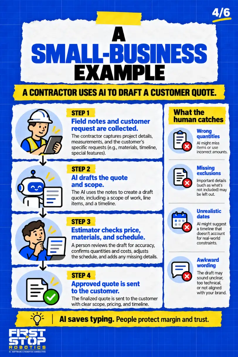 A small-business example
A contractor uses AI to draft a customer quote.
Field notes and customer request are collected: The contractor captures project details, measurements, and the customer's specific requests (e.g., materials, timeline, special features).
AI drafts the quote and scope: The AI uses the notes to create a draft quote, including a scope of work, line items, and a timeline.
Estimator checks price, materials, and schedule: A person reviews the draft for accuracy, confirms quantities and costs, adjusts the schedule, and adds any missing details.
Approved quote is sent to the customer: The finalized quote is sent to the customer with clear scope, pricing, and timeline.
What the human catches
Wrong quantities: AI might miss items or use incorrect amounts.
Missing exclusions: Important details (such as what's not included) may be left out.
Unrealistic dates: AI might suggest a timeline that doesn't account for real-world constraints.
Awkward wording: The draft may sound unclear, too technical, or not aligned with your brand.
AI saves typing. People protect margin and trust.