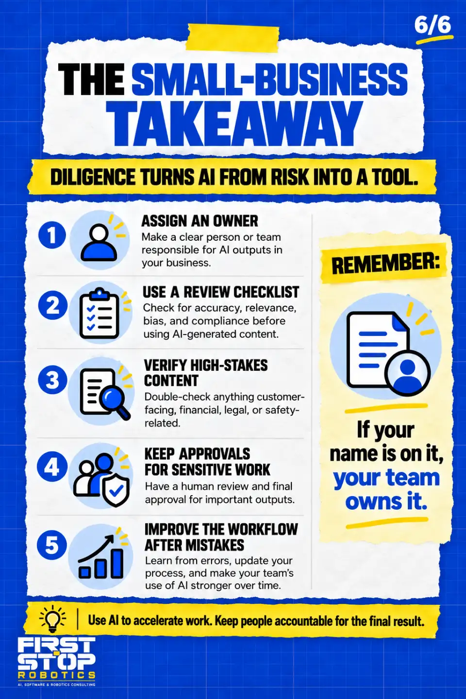 The small-business takeaway
Diligence turns AI from risk into a tool.
Assign an owner: Make a clear person or team responsible for AI outputs in your business.
Use a review checklist: Check for accuracy, relevance, bias, and compliance before using AI-generated content.
Verify high-stakes content: Double-check anything customer-facing, financial, legal, or safety-related.
Keep approvals for sensitive work: Have a human review and final approval for important outputs.
Improve the workflow after mistakes: Learn from errors, update your process, and make your team's use of AI stronger over time.
Remember: If your name is on it, your team owns it.
Use AI to accelerate work. Keep people accountable for the final result.