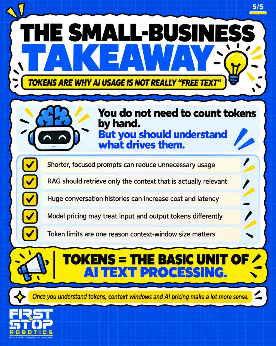 The small-business takeaway
Tokens are why AI usage is not really "free text"
You do not need to count tokens by hand. But you should understand what drives them.
Shorter, focused prompts can reduce unnecessary usage
RAG should retrieve only the context that is actually relevant
Huge conversation histories can increase cost and latency
Model pricing may treat input and output tokens differently
Token limits are one reason context-window size matters
Tokens = the basic unit of AI text processing.
Once you understand tokens, context windows and AI pricing make a lot more sense.