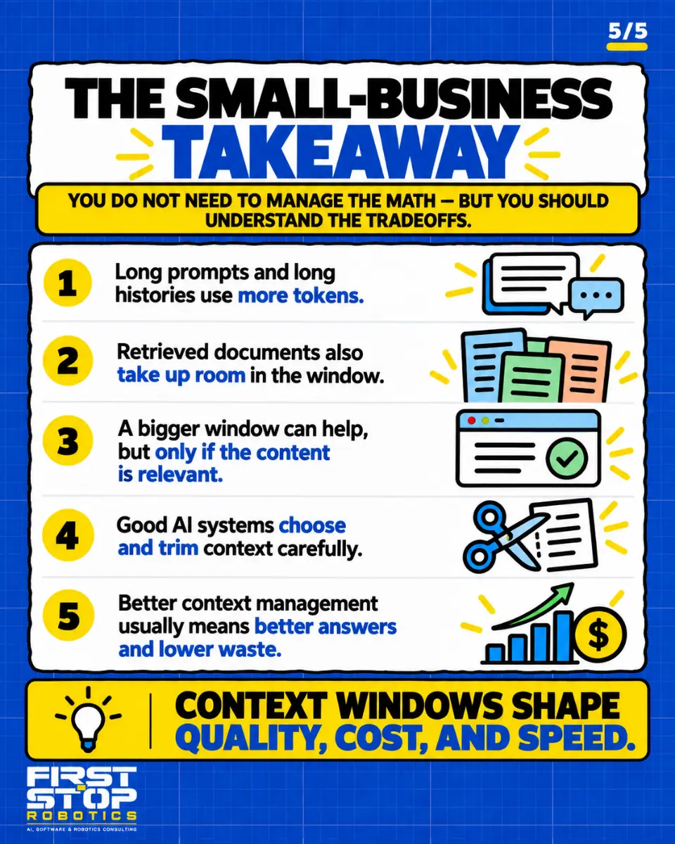 The small-business takeaway
You do not need to manage the math, but you should understand the tradeoffs.
Long prompts and long histories use more tokens.
Retrieved documents also take up room in the window.
A bigger window can help, but only if the content is relevant.
Good AI systems choose and trim context carefully.
Better context management usually means better answers and lower waste.
Context windows shape quality, cost, and speed.