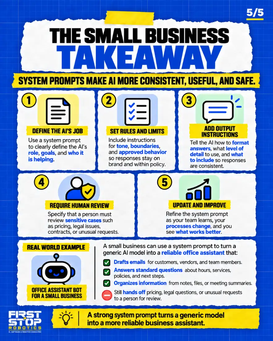 The small business takeaway
System prompts make AI more consistent, useful, and safe.
Define the AI's job: Use a system prompt to clearly define the AI's role, goals, and who it is helping.
Set rules and limits: Include instructions for tone, boundaries, and approved behavior so responses stay on brand and within policy.
Add output instructions: Tell the AI how to format answers, what level of detail to use, and what to include so responses are consistent.
Require human review: Specify that a person must review sensitive cases such as pricing, legal issues, contracts, or unusual requests.
Update and improve: Refine the system prompt as your team learns, your processes change, and you see what works better.
Real world example
Office assistant bot for a small business
A small business can use a system prompt to turn a generic AI model into a reliable office assistant that:
Drafts emails for customers, vendors, and team members.
Answers standard questions about hours, services, policies, and next steps.
Organizes information from notes, files, or meeting summaries.
Still hands off pricing, legal questions, or unusual requests to a person for review.
A strong system prompt turns a generic model into a more reliable business assistant.