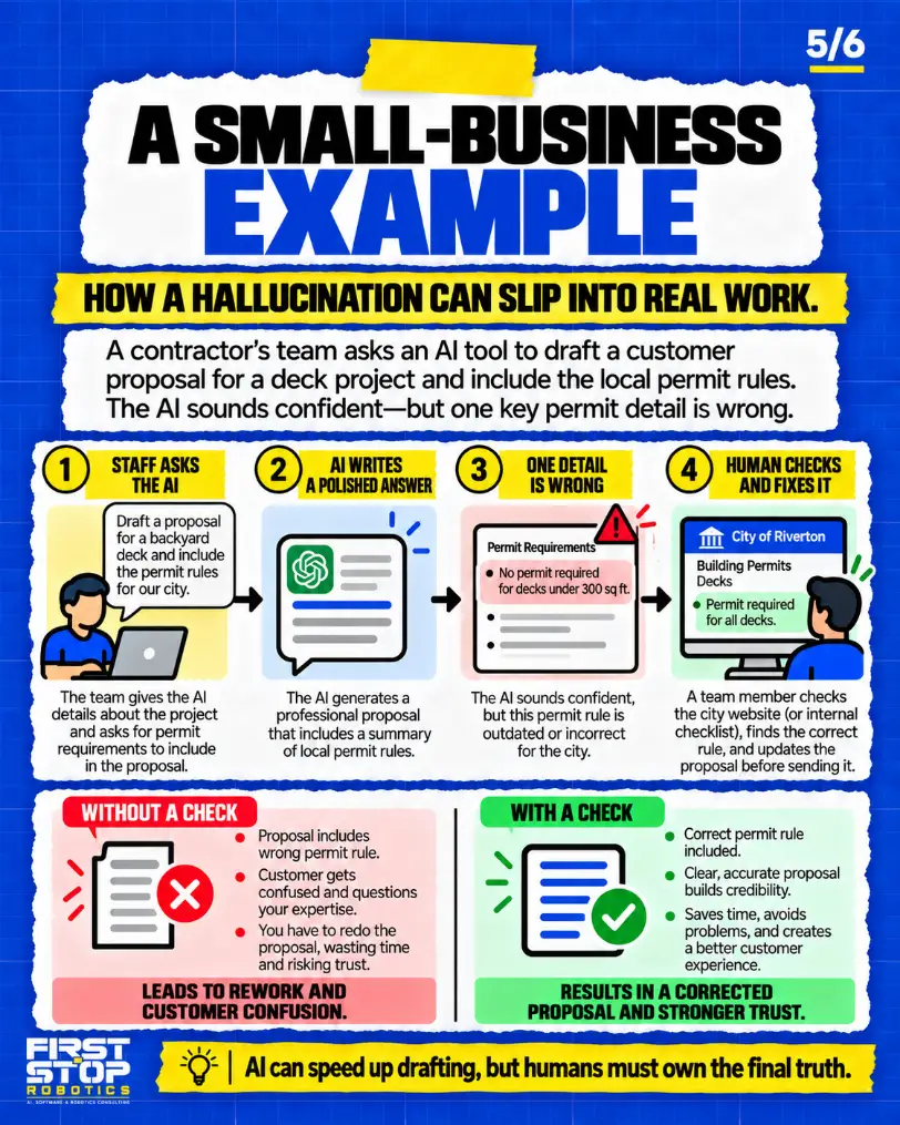 A small-business example
How a hallucination can slip into real work.
A contractor's team asks an AI tool to draft a customer proposal for a deck project and include the local permit rules. The AI sounds confident, but one key permit detail is wrong.
Staff asks the AI: The team gives the AI details about the project and asks for permit requirements to include in the proposal.
"Draft a proposal for a backyard deck and include the permit rules for our city."
AI writes a polished answer: The AI generates a professional proposal that includes a summary of local permit rules.
One detail is wrong: The AI sounds confident, but this permit rule is outdated or incorrect for the city.
Permit Requirements: No permit required for decks under 300 sq ft.
Human checks and fixes it: A team member checks the city website (or internal checklist), finds the correct rule, and updates the proposal before sending it.
City of Riverton, Building Permits, Decks: Permit required for all decks.
Without a check
Proposal includes wrong permit rule.
Customer gets confused and questions your expertise.
You have to redo the proposal, wasting time and risking trust.
Leads to rework and customer confusion.
With a check
Correct permit rule included.
Clear, accurate proposal builds credibility.
Saves time, avoids problems, and creates a better customer experience.
Results in a corrected proposal and stronger trust.
AI can speed up drafting, but humans must own the final truth.