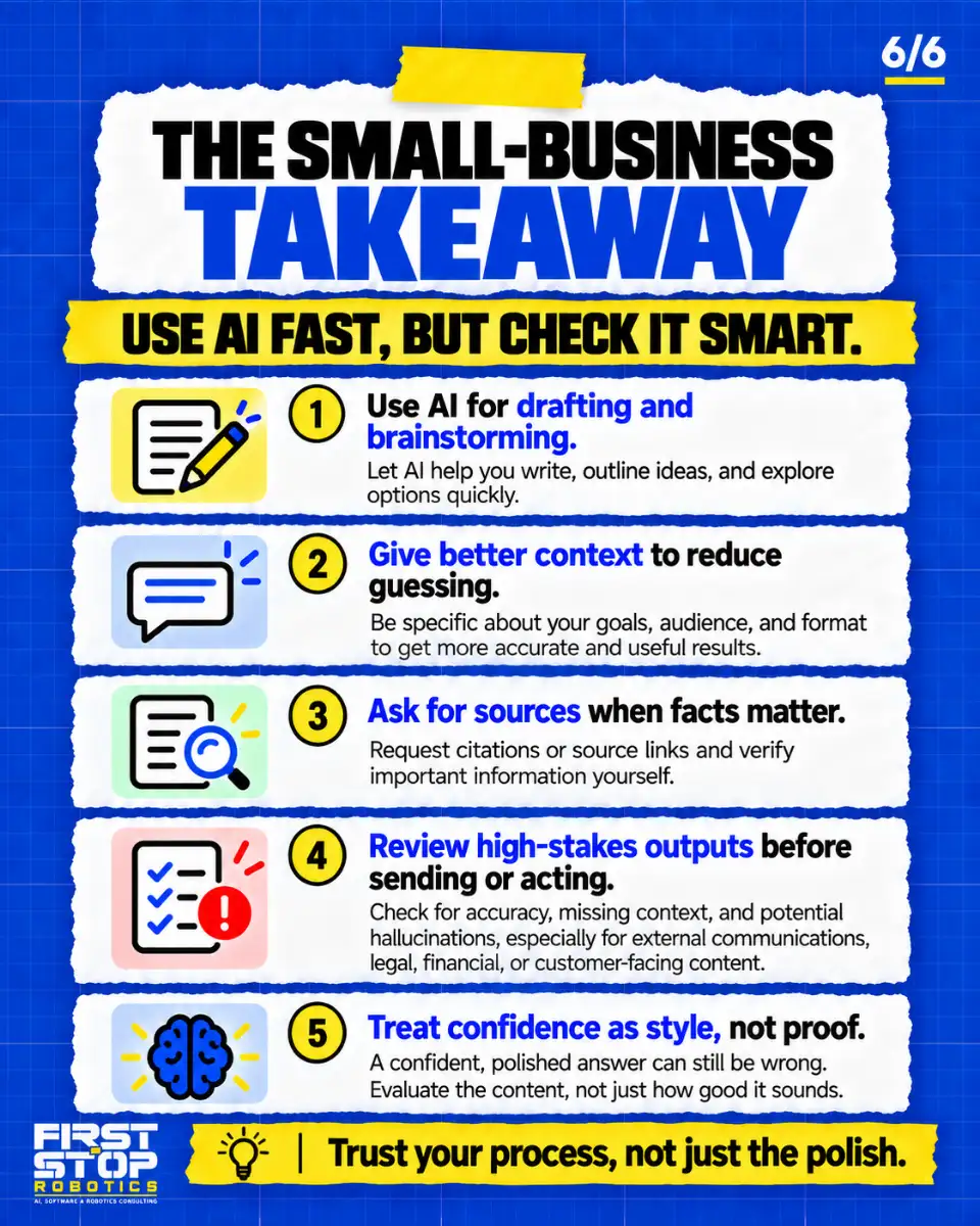 The small-business takeaway
Use AI fast, but check it smart.
Use AI for drafting and brainstorming: Let AI help you write, outline ideas, and explore options quickly.
Give better context to reduce guessing: Be specific about your goals, audience, and format to get more accurate and useful results.
Ask for sources when facts matter: Request citations or source links and verify important information yourself.
Review high-stakes outputs before sending or acting: Check for accuracy, missing context, and potential hallucinations, especially for external communications, legal, financial, or customer-facing content.
Treat confidence as style, not proof: A confident, polished answer can still be wrong. Evaluate the content, not just how good it sounds.
Trust your process, not just the polish.