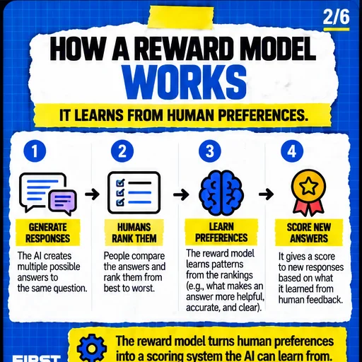 How a reward model works
It learns from human preferences.
Generate responses: The AI creates multiple possible answers to the same question.
Humans rank them: People compare the answers and rank them from best to worst.
Learn preferences: The reward model learns patterns from the rankings (e.g., what makes an answer more helpful, accurate, and clear).
Score new answers: It gives a score to new responses based on what it learned from human feedback.
The reward model turns human preferences into a scoring system the AI can learn from.
