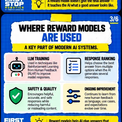 Where reward models are used
A key part of modern AI systems.
LLM training: Used in techniques like Reinforcement Learning from Human Feedback (RLHF) to improve model responses.
Response ranking: Helps choose the best answer from multiple options when the AI generates several responses.
Safety & quality: Encourages helpful, accurate, and safe responses while reducing harmful or misleading content.
Ongoing improvement: Continues to learn from new human feedback as language, use cases, and expectations evolve over time.
Reward models help AI give answers that people actually find useful, accurate, and safe.
