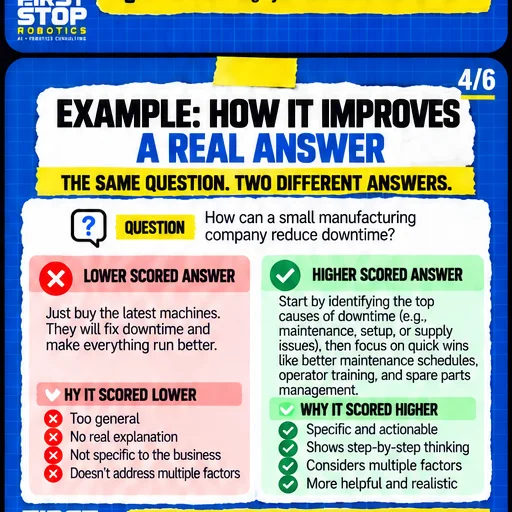 Example: How it improves a real answer
The same question. Two different answers.
Question: How can a small manufacturing company reduce downtime?
Lower scored answer: Just buy the latest machines. They will fix downtime and make everything run better.
Why it scored lower
Too general
No real explanation
Not specific to the business
Doesn't address multiple factors
Higher scored answer: Start by identifying the top causes of downtime (e.g., maintenance, setup, or supply issues), then focus on quick wins like better maintenance schedules, operator training, and spare parts management.
Why it scored higher
Specific and actionable
Shows step-by-step thinking
Considers multiple factors
More helpful and realistic
The reward model learns to prefer answers that are detailed, accurate, and genuinely helpful.