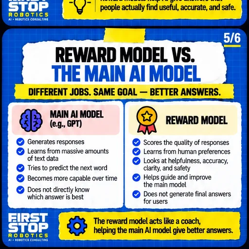 Reward model vs. the main AI model
Different jobs. Same goal: better answers.
Main AI model (e.g., GPT)
Generates responses
Learns from massive amounts of text data
Tries to predict the next word
Becomes more capable over time
Does not directly know which answer is best
Reward model
Scores the quality of responses
Learns from human preferences
Looks at helpfulness, accuracy, clarity, and safety
Helps guide and improve the main model
Does not generate final answers for users
The reward model acts like a coach, helping the main AI model give better answers.