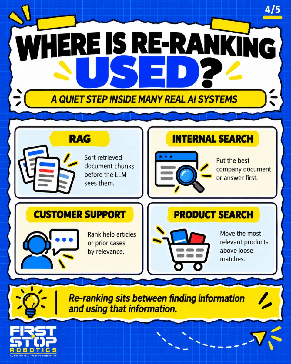 Where is re-ranking used?
A quiet step inside many real AI systems
RAG: Sort retrieved document chunks before the LLM sees them.
Internal search: Put the best company document or answer first.
Customer support: Rank help articles or prior cases by relevance.
Product search: Move the most relevant products above loose matches.
Re-ranking sits between finding information and using that information.