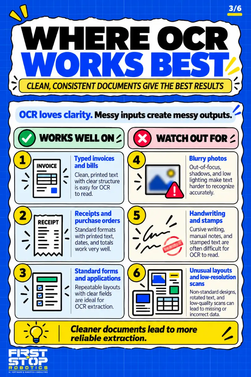 Where OCR works best
Clean, consistent documents give the best results
OCR loves clarity. Messy inputs create messy outputs.
Works well on
Typed invoices and bills: Clean, printed text with clear structure is easy for OCR to read.
Receipts and purchase orders: Standard formats with printed text, dates, and totals work very well.
Standard forms and applications: Repeatable layouts with clear fields are ideal for OCR extraction.
Watch out for
Blurry photos: Out-of-focus, shadows, and low lighting make text harder to recognize accurately.
Handwriting and stamps: Cursive writing, manual notes, and stamped text are often difficult for OCR to read.
Unusual layouts and low-resolution scans: Non-standard designs, rotated text, and low-quality scans can lead to missing or incorrect data.
Cleaner documents lead to more reliable extraction.