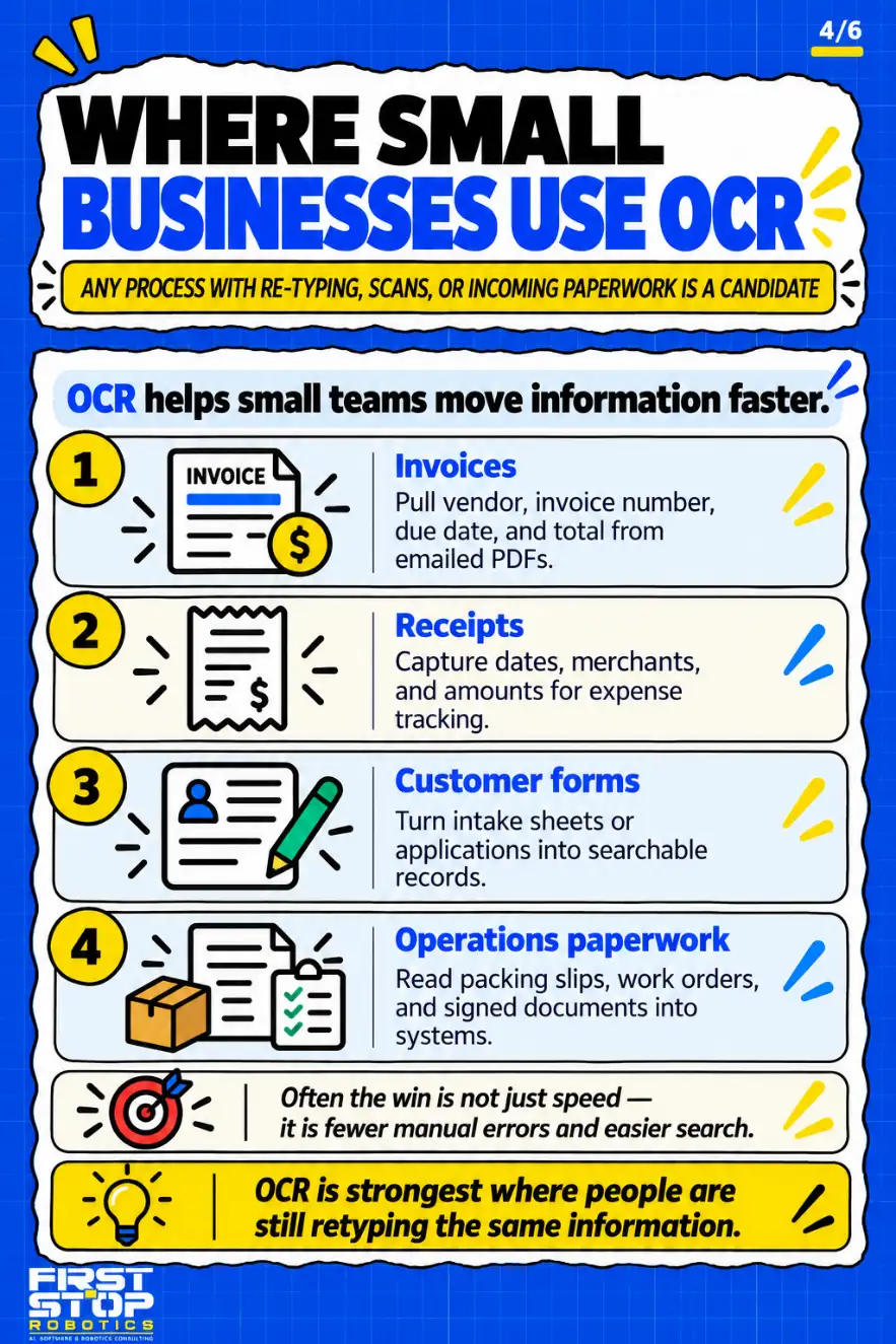 Where small businesses use OCR
Any process with re-typing, scans, or incoming paperwork is a candidate
OCR helps small teams move information faster.
Invoices: Pull vendor, invoice number, due date, and total from emailed PDFs.
Receipts: Capture dates, merchants, and amounts for expense tracking.
Customer forms: Turn intake sheets or applications into searchable records.
Operations paperwork: Read packing slips, work orders, and signed documents into systems.
Often the win is not just speed, it is fewer manual errors and easier search.
OCR is strongest where people are still retyping the same information.