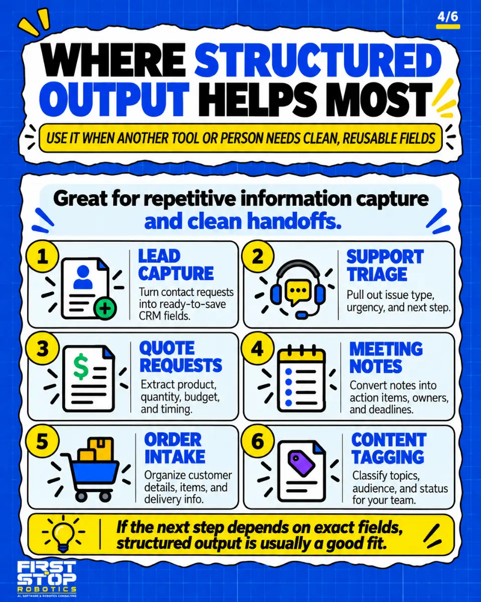 Where structured output helps most
Use it when another tool or person needs clean, reusable fields
Great for repetitive information capture and clean handoffs.
Lead capture: Turn contact requests into ready-to-save CRM fields.
Support triage: Pull out issue type, urgency, and next step.
Quote requests: Extract product, quantity, budget, and timing.
Meeting notes: Convert notes into action items, owners, and deadlines.
Order intake: Organize customer details, items, and delivery info.
Content tagging: Classify topics, audience, and status for your team.
If the next step depends on exact fields, structured output is usually a good fit.