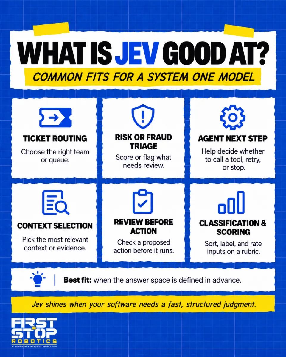 What is Jev good at?
Common fits for a System One model
Ticket routing: Choose the right team or queue.
Risk or fraud triage: Score or flag what needs review.
Agent next step: Help decide whether to call a tool, retry, or stop.
Context selection: Pick the most relevant context or evidence.
Review before action: Check a proposed action before it runs.
Classification and scoring: Sort, label, and rate inputs on a rubric.
Best fit: when the answer space is defined in advance.
Jev shines when your software needs a fast, structured judgment.