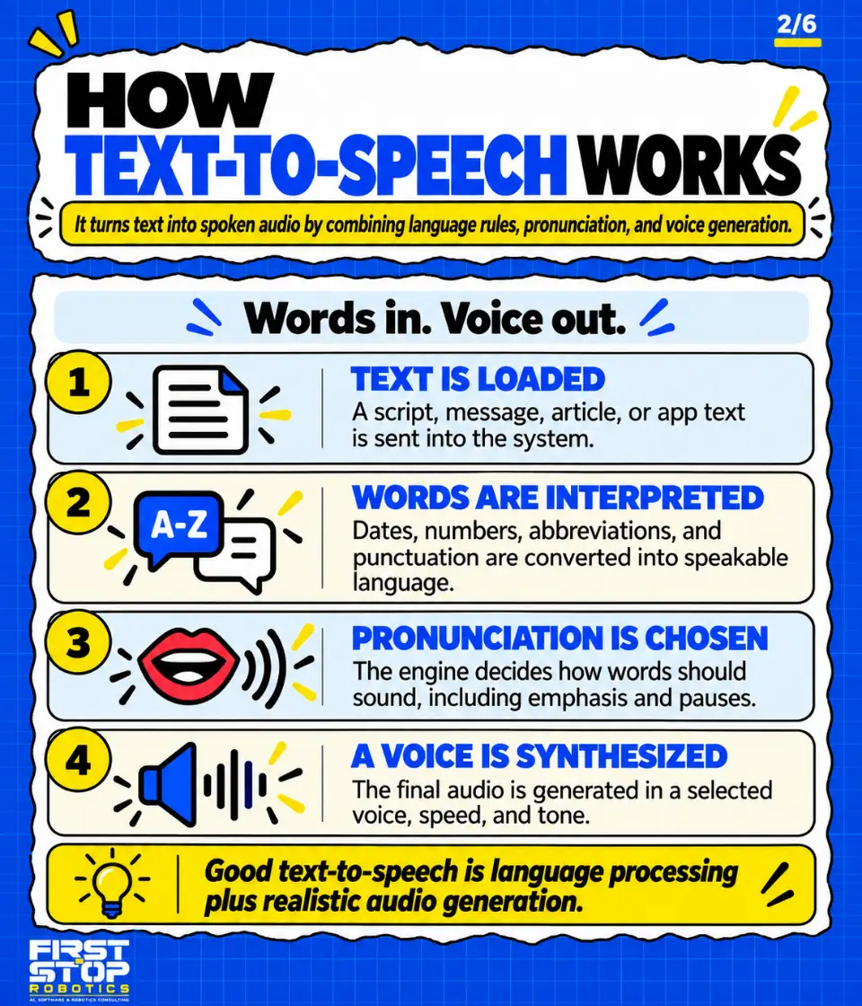 How text-to-speech works
It turns text into spoken audio by combining language rules, pronunciation, and voice generation.
Words in. Voice out.
Text is loaded: A script, message, article, or app text is sent into the system.
Words are interpreted: Dates, numbers, abbreviations, and punctuation are converted into speakable language.
Pronunciation is chosen: The engine decides how words should sound, including emphasis and pauses.
A voice is synthesized: The final audio is generated in a selected voice, speed, and tone.
Good text-to-speech is language processing plus realistic audio generation.