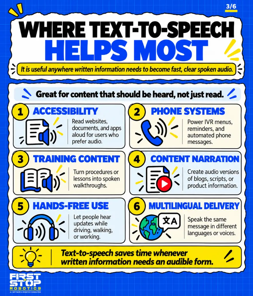 Where text-to-speech helps most
It is useful anywhere written information needs to become fast, clear spoken audio.
Great for content that should be heard, not just read.
Accessibility: Read websites, documents, and apps aloud for users who prefer audio.
Phone systems: Power IVR menus, reminders, and automated phone messages.
Training content: Turn procedures or lessons into spoken walkthroughs.
Content narration: Create audio versions of blogs, scripts, or product information.
Hands-free use: Let people hear updates while driving, walking, or working.
Multilingual delivery: Speak the same message in different languages or voices.
Text-to-speech saves time whenever written information needs an audible form.