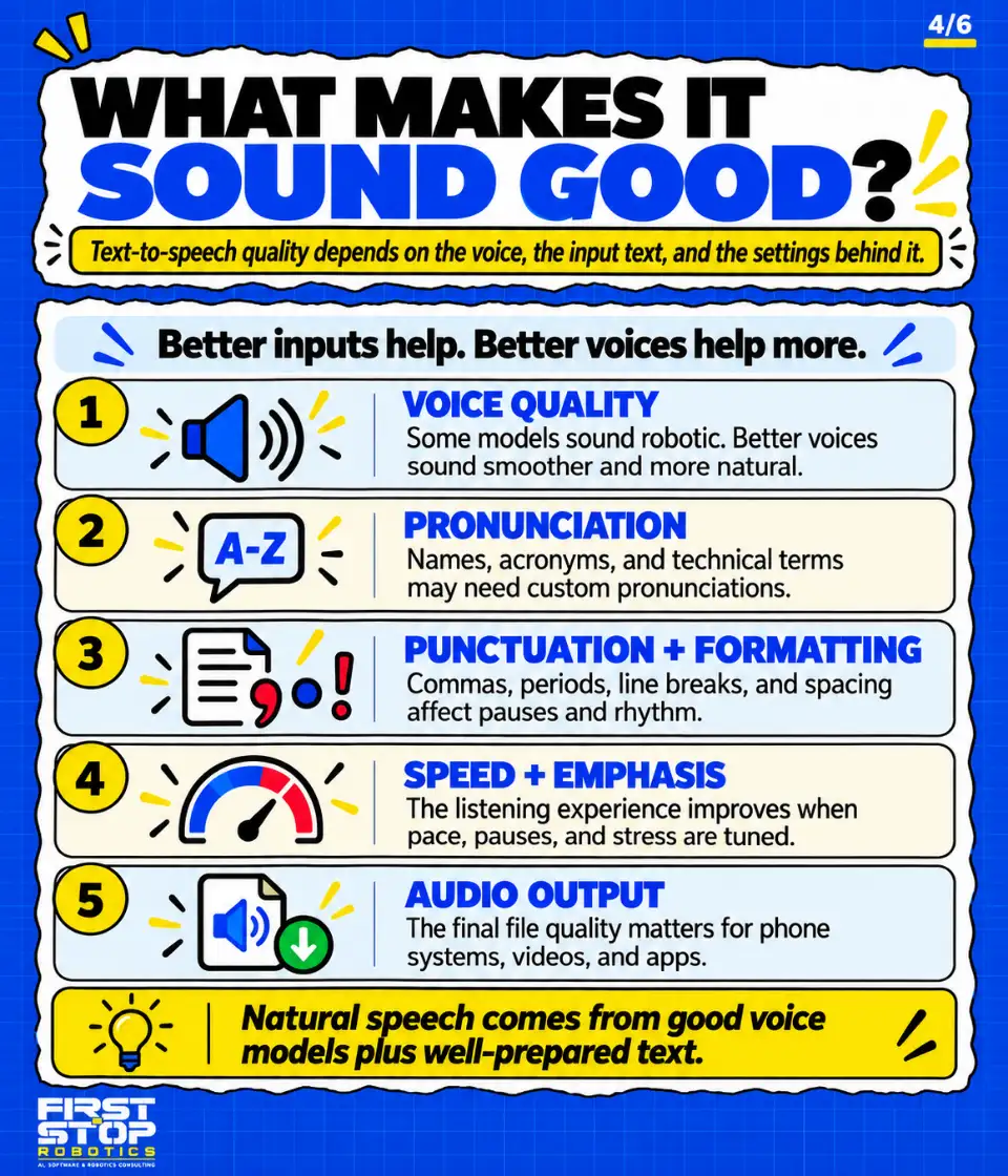 What makes it sound good?
Text-to-speech quality depends on the voice, the input text, and the settings behind it.
Better inputs help. Better voices help more.
Voice quality: Some models sound robotic. Better voices sound smoother and more natural.
Pronunciation: Names, acronyms, and technical terms may need custom pronunciations.
Punctuation + formatting: Commas, periods, line breaks, and spacing affect pauses and rhythm.
Speed + emphasis: The listening experience improves when pace, pauses, and stress are tuned.
Audio output: The final file quality matters for phone systems, videos, and apps.
Natural speech comes from good voice models plus well-prepared text.