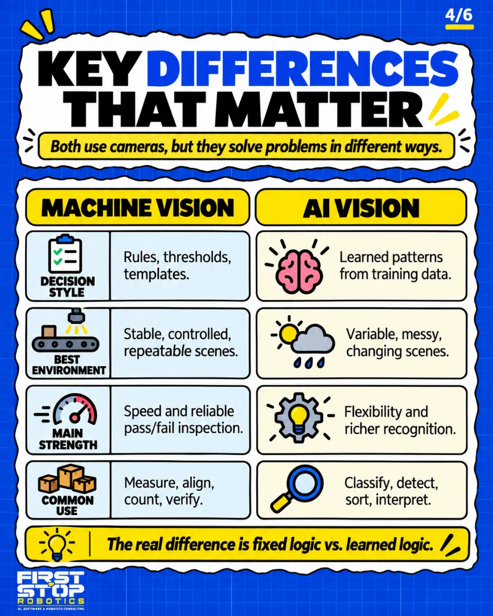 Key differences that matter
Both use cameras, but they solve problems in different ways.
Machine vision
Decision style: Rules, thresholds, templates.
Best environment: Stable, controlled, repeatable scenes.
Main strength: Speed and reliable pass/fail inspection.
Common use: Measure, align, count, verify.
AI vision
Decision style: Learned patterns from training data.
Best environment: Variable, messy, changing scenes.
Main strength: Flexibility and richer recognition.
Common use: Classify, detect, sort, interpret.
The real difference is fixed logic vs. learned logic.