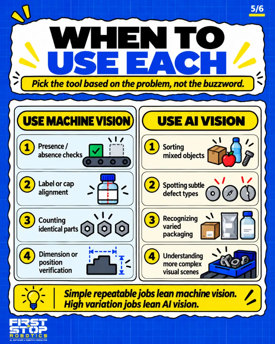 When to use each
Pick the tool based on the problem, not the buzzword.
Use machine vision
Presence / absence checks
Label or cap alignment
Counting identical parts
Dimension or position verification
Use AI vision
Sorting mixed objects
Spotting subtle defect types
Recognizing varied packaging
Understanding more complex visual scenes
Simple repeatable jobs lean machine vision. High variation jobs lean AI vision.