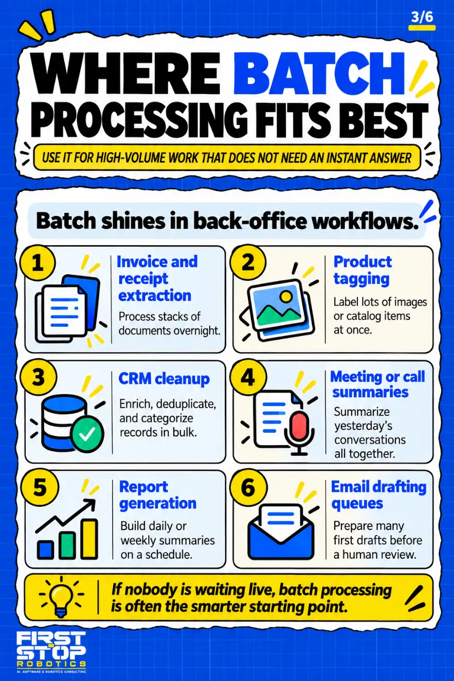Where batch processing fits best
Use it for high-volume work that does not need an instant answer
Batch shines in back-office workflows.
Invoice and receipt extraction: Process stacks of documents overnight.
Product tagging: Label lots of images or catalog items at once.
CRM cleanup: Enrich, deduplicate, and categorize records in bulk.
Meeting or call summaries: Summarize yesterday's conversations all together.
Report generation: Build daily or weekly summaries on a schedule.
Email drafting queues: Prepare many first drafts before a human review.
If nobody is waiting live, batch processing is often the smarter starting point.
