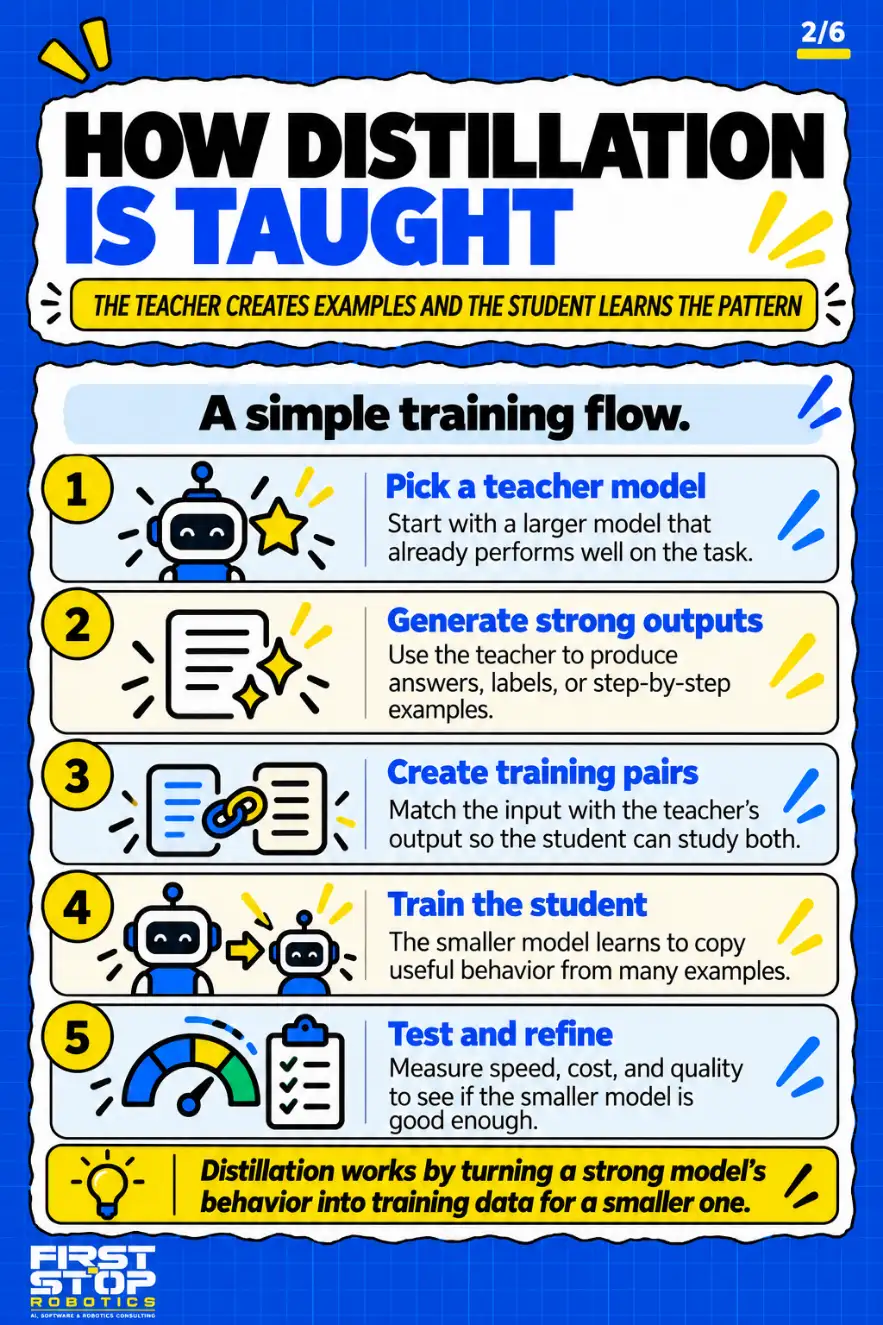 How distillation is taught
The teacher creates examples and the student learns the pattern
A simple training flow.
Pick a teacher model: Start with a larger model that already performs well on the task.
Generate strong outputs: Use the teacher to produce answers, labels, or step-by-step examples.
Create training pairs: Match the input with the teacher's output so the student can study both.
Train the student: The smaller model learns to copy useful behavior from many examples.
Test and refine: Measure speed, cost, and quality to see if the smaller model is good enough.
Distillation works by turning a strong model's behavior into training data for a smaller one.