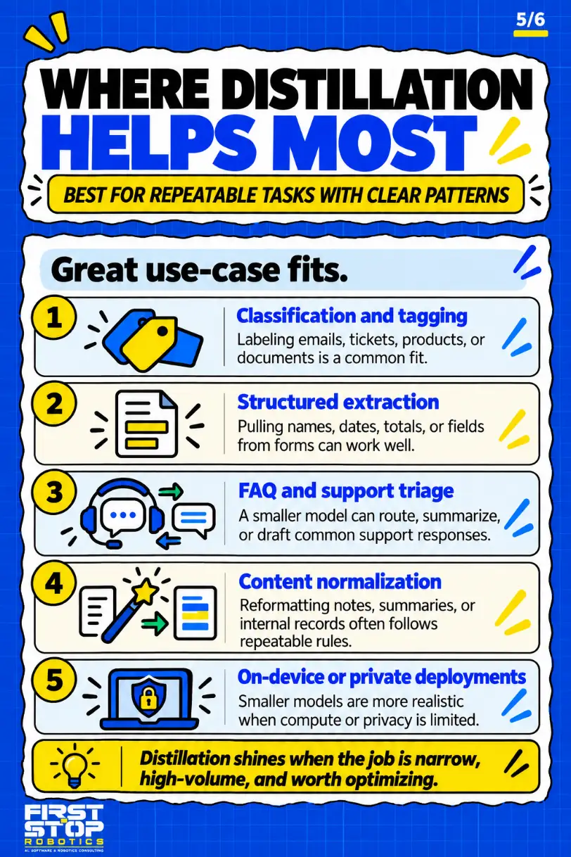 Where distillation helps most
Best for repeatable tasks with clear patterns
Great use-case fits.
Classification and tagging: Labeling emails, tickets, products, or documents is a common fit.
Structured extraction: Pulling names, dates, totals, or fields from forms can work well.
FAQ and support triage: A smaller model can route, summarize, or draft common support responses.
Content normalization: Reformatting notes, summaries, or internal records often follows repeatable rules.
On-device or private deployments: Smaller models are more realistic when compute or privacy is limited.
Distillation shines when the job is narrow, high-volume, and worth optimizing.