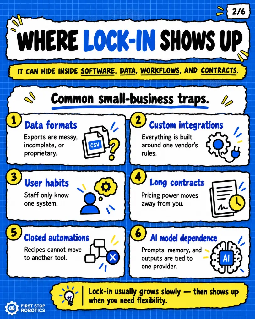 Where lock-in shows up
It can hide inside software, data, workflows, and contracts.
Common small-business traps.
Data formats: Exports are messy, incomplete, or proprietary.
Custom integrations: Everything is built around one vendor's rules.
User habits: Staff only know one system.
Long contracts: Pricing power moves away from you.
Closed automations: Recipes cannot move to another tool.
AI model dependence: Prompts, memory, and outputs are tied to one provider.
Lock-in usually grows slowly, then shows up when you need flexibility.