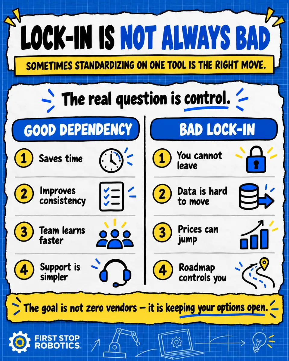 Lock-in is not always bad
Sometimes standardizing on one tool is the right move.
The real question is control.
Good dependency
Saves time
Improves consistency
Team learns faster
Support is simpler
Bad lock-in
You cannot leave
Data is hard to move
Prices can jump
Roadmap controls you
The goal is not zero vendors: it is keeping your options open.