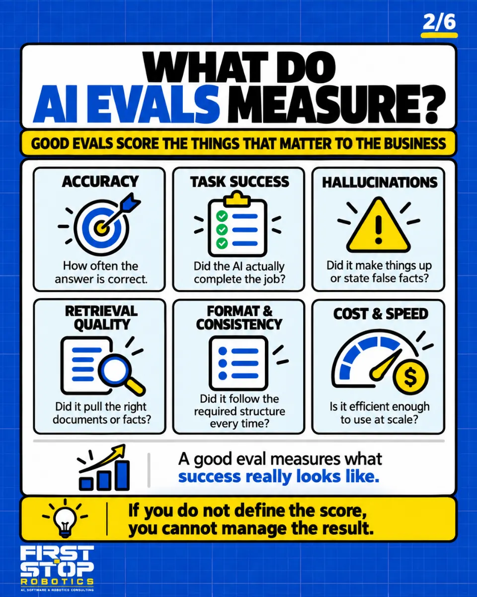 What do AI evals measure?
Good evals score the things that matter to the business
Accuracy: How often the answer is correct.
Task success: Did the AI actually complete the job?
Hallucinations: Did it make things up or state false facts?
Retrieval quality: Did it pull the right documents or facts?
Format & consistency: Did it follow the required structure every time?
Cost & speed: Is it efficient enough to use at scale?
A good eval measures what success really looks like.
If you do not define the score, you cannot manage the result.