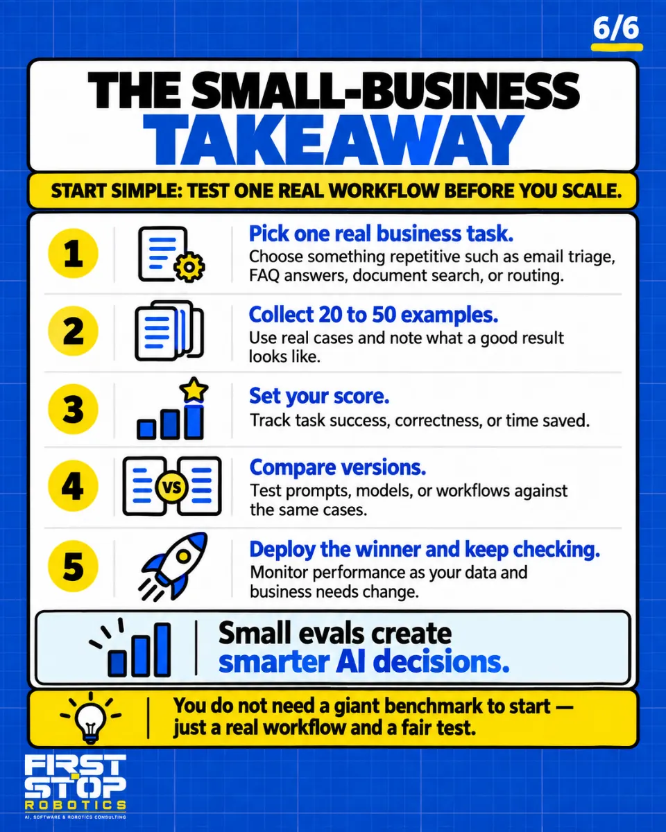 The small-business takeaway
Start simple: test one real workflow before you scale.
Pick one real business task: Choose something repetitive such as email triage, FAQ answers, document search, or routing.
Collect 20 to 50 examples: Use real cases and note what a good result looks like.
Set your score: Track task success, correctness, or time saved.
Compare versions: Test prompts, models, or workflows against the same cases.
Deploy the winner and keep checking: Monitor performance as your data and business needs change.
Small evals create smarter AI decisions.
You do not need a giant benchmark to start, just a real workflow and a fair test.