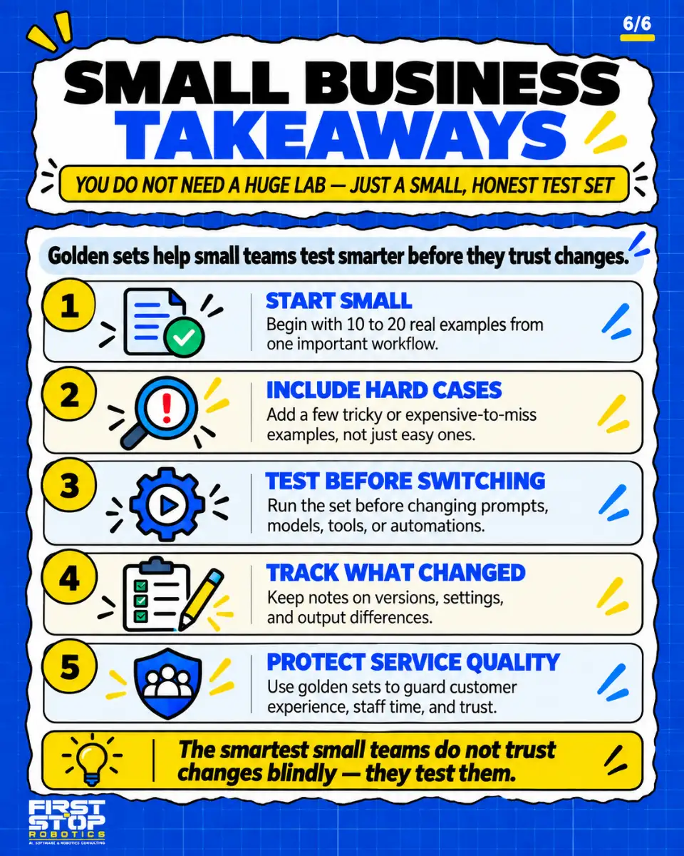 Small business takeaways
You do not need a huge lab, just a small, honest test set
Golden sets help small teams test smarter before they trust changes.
Start small: Begin with 10 to 20 real examples from one important workflow.
Include hard cases: Add a few tricky or expensive-to-miss examples, not just easy ones.
Test before switching: Run the set before changing prompts, models, tools, or automations.
Track what changed: Keep notes on versions, settings, and output differences.
Protect service quality: Use golden sets to guard customer experience, staff time, and trust.
The smartest small teams do not trust changes blindly, they test them.