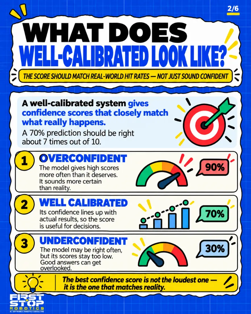 What does well-calibrated look like?
The score should match real-world hit rates, not just sound confident
A well-calibrated system gives confidence scores that closely match what really happens.
A 70% prediction should be right about 7 times out of 10.
Overconfident: The model gives high scores more often than it deserves. It sounds more certain than reality.
90%
Well calibrated: Its confidence lines up with actual results, so the score is useful for decisions.
70%
Underconfident: The model may be right often, but its scores stay too low. Good answers can get overlooked.
30%
The best confidence score is not the loudest one. It is the one that matches reality.