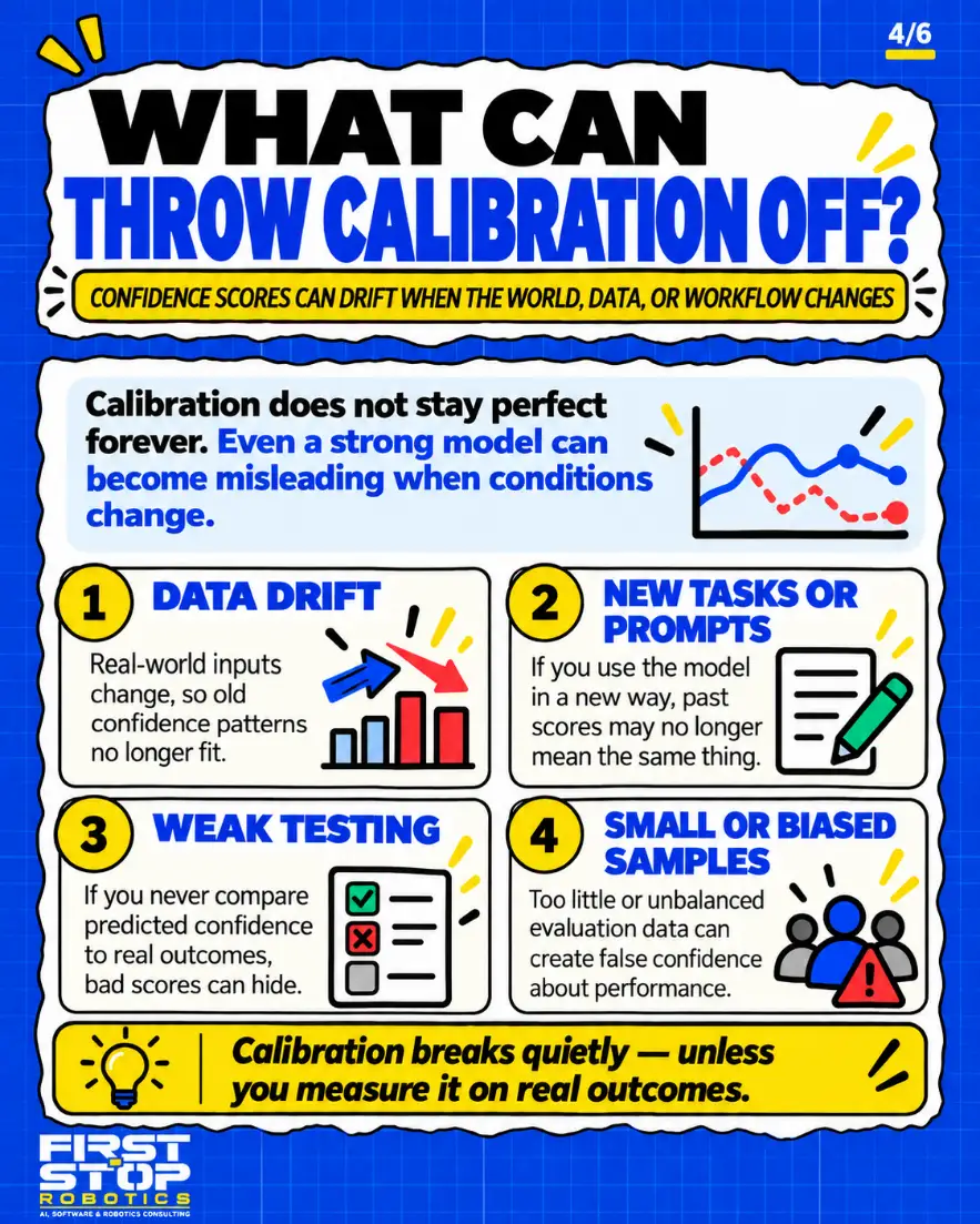 What can throw calibration off?
Confidence scores can drift when the world, data, or workflow changes
Calibration does not stay perfect forever. Even a strong model can become misleading when conditions change.
Data drift: Real-world inputs change, so old confidence patterns no longer fit.
New tasks or prompts: If you use the model in a new way, past scores may no longer mean the same thing.
Weak testing: If you never compare predicted confidence to real outcomes, bad scores can hide.
Small or biased samples: Too little or unbalanced evaluation data can create false confidence about performance.
Calibration breaks quietly, unless you measure it on real outcomes.