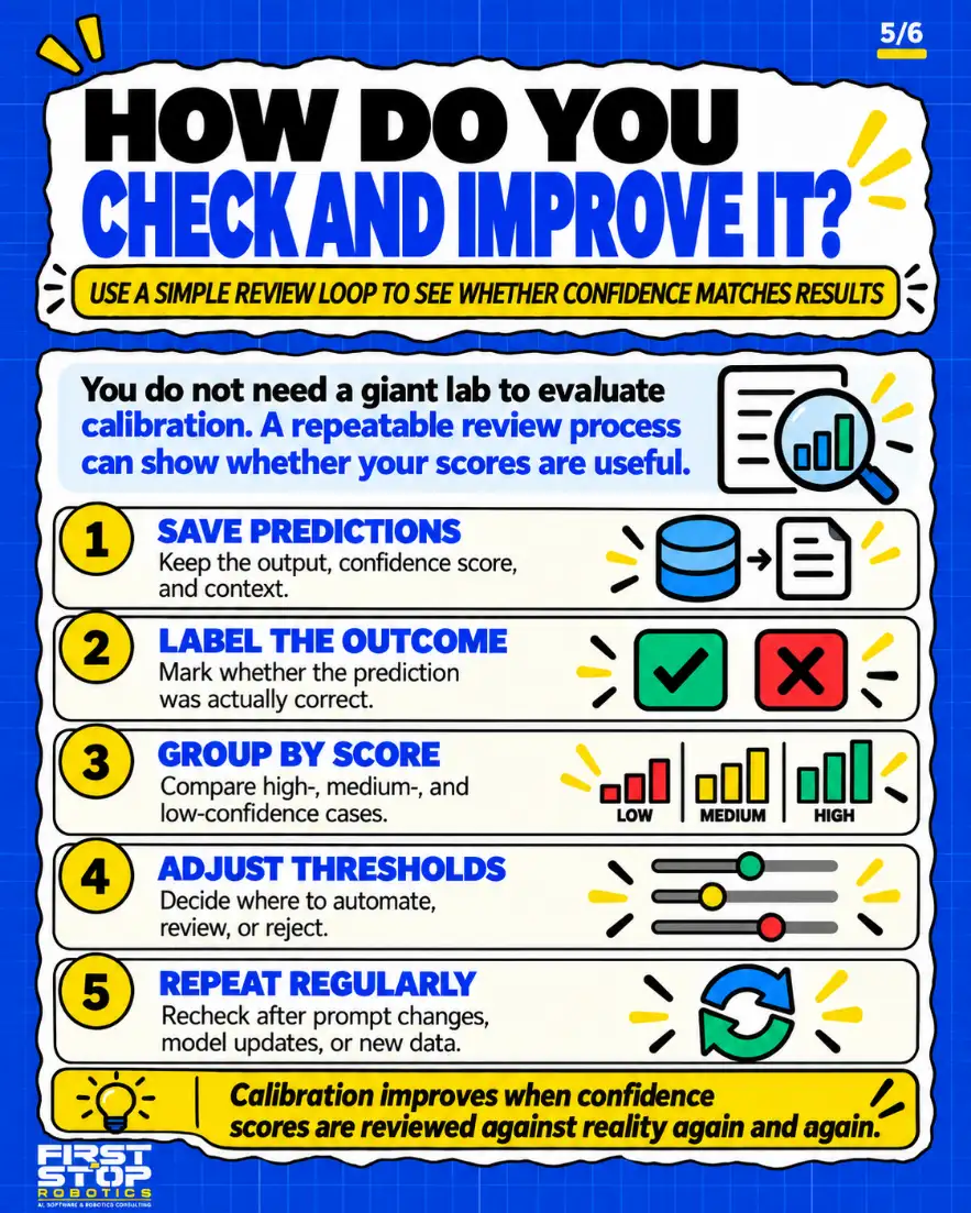 How do you check and improve it?
Use a simple review loop to see whether confidence matches results
You do not need a giant lab to evaluate calibration. A repeatable review process can show whether your scores are useful.
Save predictions: Keep the output, confidence score, and context.
Label the outcome: Mark whether the prediction was actually correct.
Group by score: Compare high-, medium-, and low-confidence cases.
Adjust thresholds: Decide where to automate, review, or reject.
Repeat regularly: Recheck after prompt changes, model updates, or new data.
Calibration improves when confidence scores are reviewed against reality again and again.