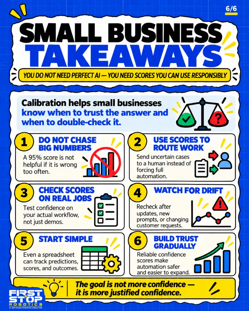 Small business takeaways
You do not need perfect AI, you need scores you can use responsibly
Calibration helps small businesses know when to trust the answer and when to double-check it.
Do not chase big numbers: A 95% score is not helpful if it is wrong too often.
Use scores to route work: Send uncertain cases to a human instead of forcing full automation.
Check scores on real jobs: Test confidence on your actual workflow, not just demos.
Watch for drift: Recheck after updates, new prompts, or changing customer requests.
Start simple: Even a spreadsheet can track predictions, scores, and outcomes.
Build trust gradually: Reliable confidence scores make automation safer and easier to expand.
The goal is not more confidence. It is more justified confidence.