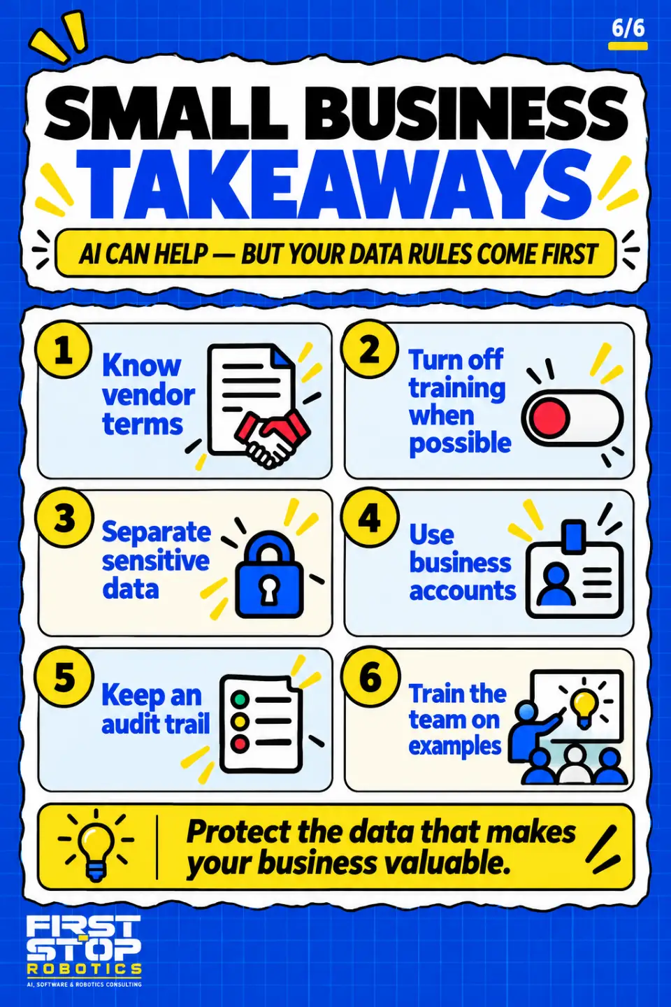 Small business takeaways
AI can help, but your data rules come first
Know vendor terms
Turn off training when possible
Separate sensitive data
Use business accounts
Keep an audit trail
Train the team on examples
Protect the data that makes your business valuable.