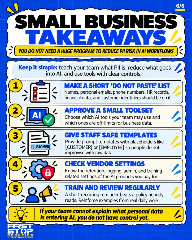 Small business takeaways
You do not need a huge program to reduce PII risk in AI workflows
Keep it simple: teach your team what PII is, reduce what goes into AI, and use tools with clear controls.
Make a short ‘do not paste’ list: Names, personal emails, phone numbers, HR records, financial data, and customer identifiers should be on it.
Approve a small toolset: Choose which AI tools your team may use and which ones are off-limits for business data.
Give staff safe templates: Provide prompt templates with placeholders like [CUSTOMER] or [EMPLOYEE] so people do not improvise with raw data.
Check vendor settings: Know the retention, logging, admin, and training-related settings of the AI products you pay for.
Train and review regularly: A short recurring reminder beats a policy nobody reads. Reinforce examples from real daily work.
If your team cannot explain what personal data is entering AI, you do not have control yet.