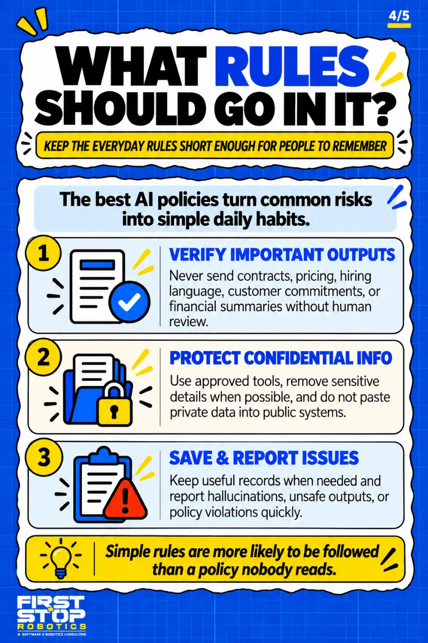 What rules should go in it?
Keep the everyday rules short enough for people to remember
The best AI policies turn common risks into simple daily habits.
Verify important outputs: Never send contracts, pricing, hiring language, customer commitments, or financial summaries without human review.
Protect confidential info: Use approved tools, remove sensitive details when possible, and do not paste private data into public systems.
Save & report issues: Keep useful records when needed and report hallucinations, unsafe outputs, or policy violations quickly.
Simple rules are more likely to be followed than a policy nobody reads.