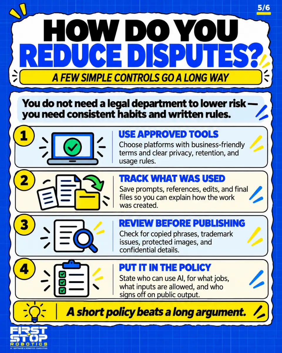 How do you reduce disputes?
A few simple controls go a long way
You do not need a legal department to lower risk: you need consistent habits and written rules.
Use approved tools: Choose platforms with business-friendly terms and clear privacy, retention, and usage rules.
Track what was used: Save prompts, references, edits, and final files so you can explain how the work was created.
Review before publishing: Check for copied phrases, trademark issues, protected images, and confidential details.
Put it in the policy: State who can use AI, for what jobs, what inputs are allowed, and who signs off on public output.
A short policy beats a long argument.