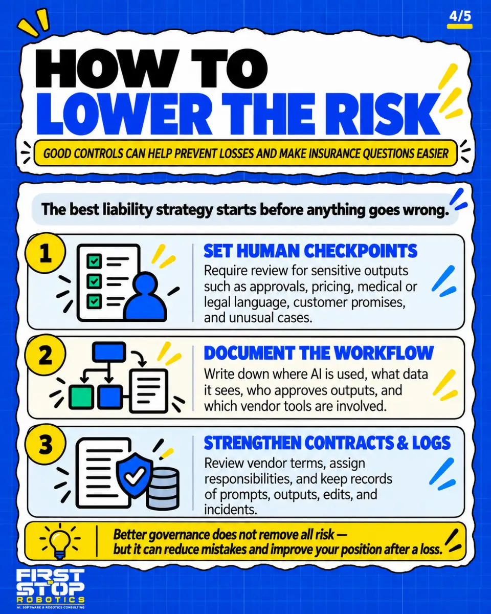 How to lower the risk
Good controls can help prevent losses and make insurance questions easier
The best liability strategy starts before anything goes wrong.
Set human checkpoints: Require review for sensitive outputs such as approvals, pricing, medical or legal language, customer promises, and unusual cases.
Document the workflow: Write down where AI is used, what data it sees, who approves outputs, and which vendor tools are involved.
Strengthen contracts & logs: Review vendor terms, assign responsibilities, and keep records of prompts, outputs, edits, and incidents.
Better governance does not remove all risk, but it can reduce mistakes and improve your position after a loss.