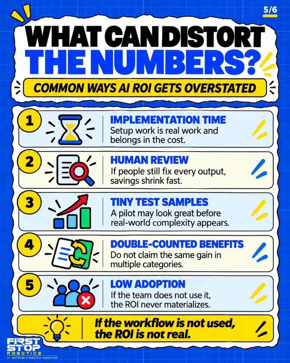 What can distort the numbers?
Common ways AI ROI gets overstated
Implementation time: Setup work is real work and belongs in the cost.
Human review: If people still fix every output, savings shrink fast.
Tiny test samples: A pilot may look great before real-world complexity appears.
Double-counted benefits: Do not claim the same gain in multiple categories.
Low adoption: If the team does not use it, the ROI never materializes.
If the workflow is not used, the ROI is not real.