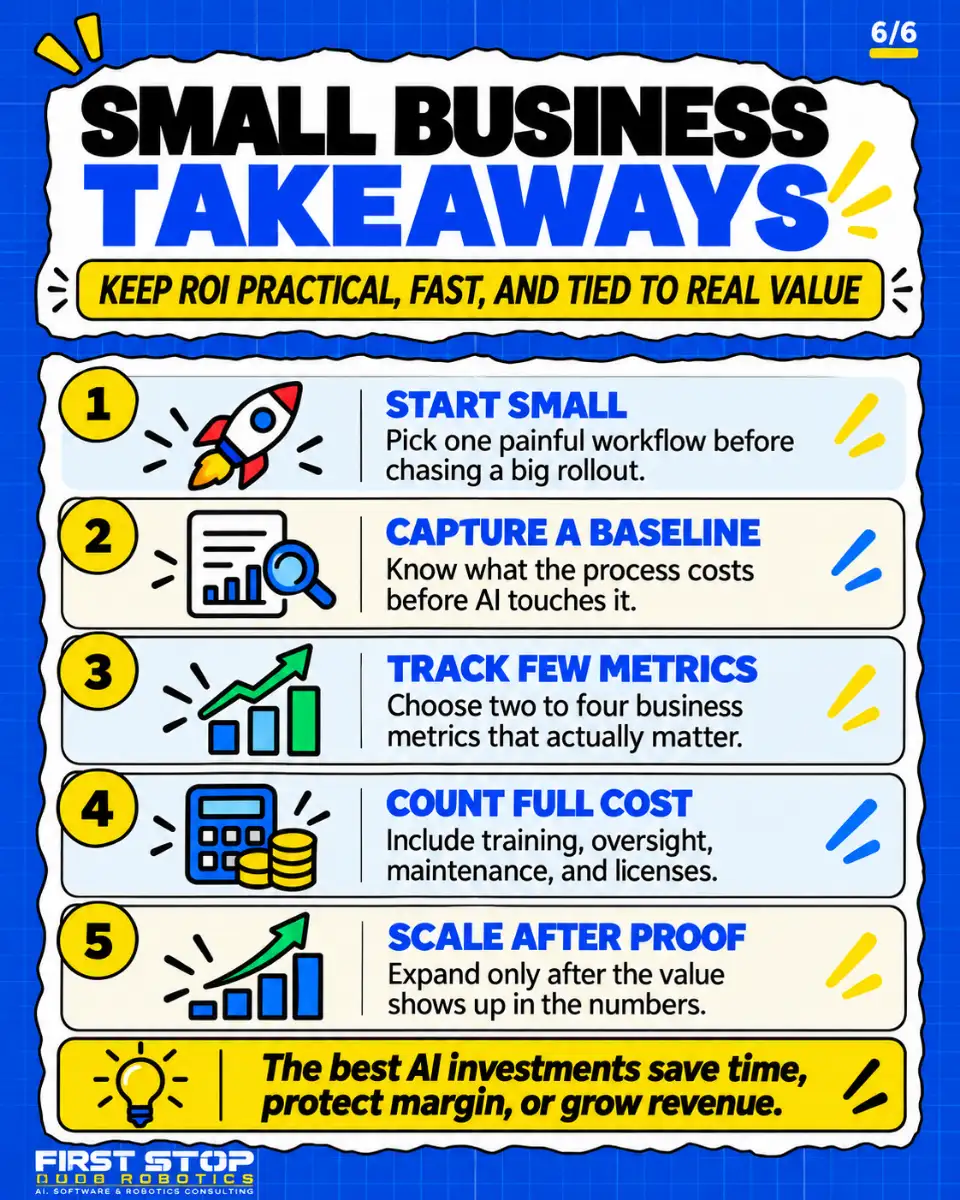 Small business takeaways
Keep ROI practical, fast, and tied to real value
Start small: Pick one painful workflow before chasing a big rollout.
Capture a baseline: Know what the process costs before AI touches it.
Track few metrics: Choose two to four business metrics that actually matter.
Count full cost: Include training, oversight, maintenance, and licenses.
Scale after proof: Expand only after the value shows up in the numbers.
The best AI investments save time, protect margin, or grow revenue.